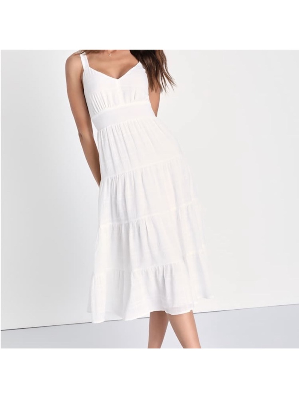 Lulus Freest Feelings White Textured Plaid Tiered Tie Back Midi Dress. X-Large
